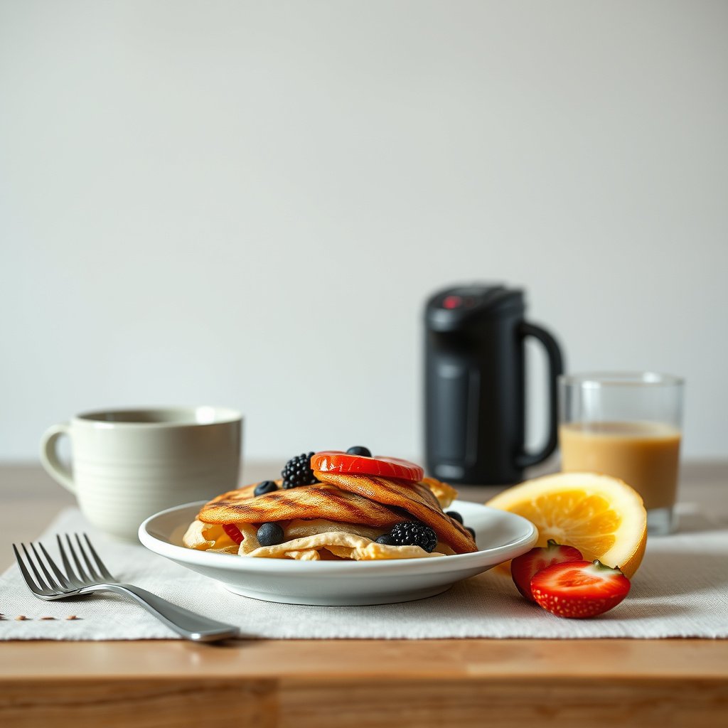 A balanced breakfast plate with healthy options for Type 2 diabetes, featuring whole grains, fruits, and proteins.