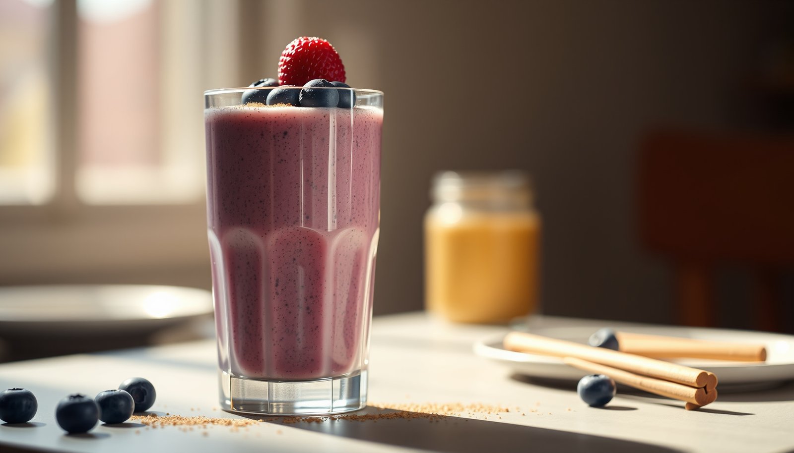 A selection of lower-sugar breakfast drinks suitable for diabetics, featuring vibrant fruits and healthy ingredients.