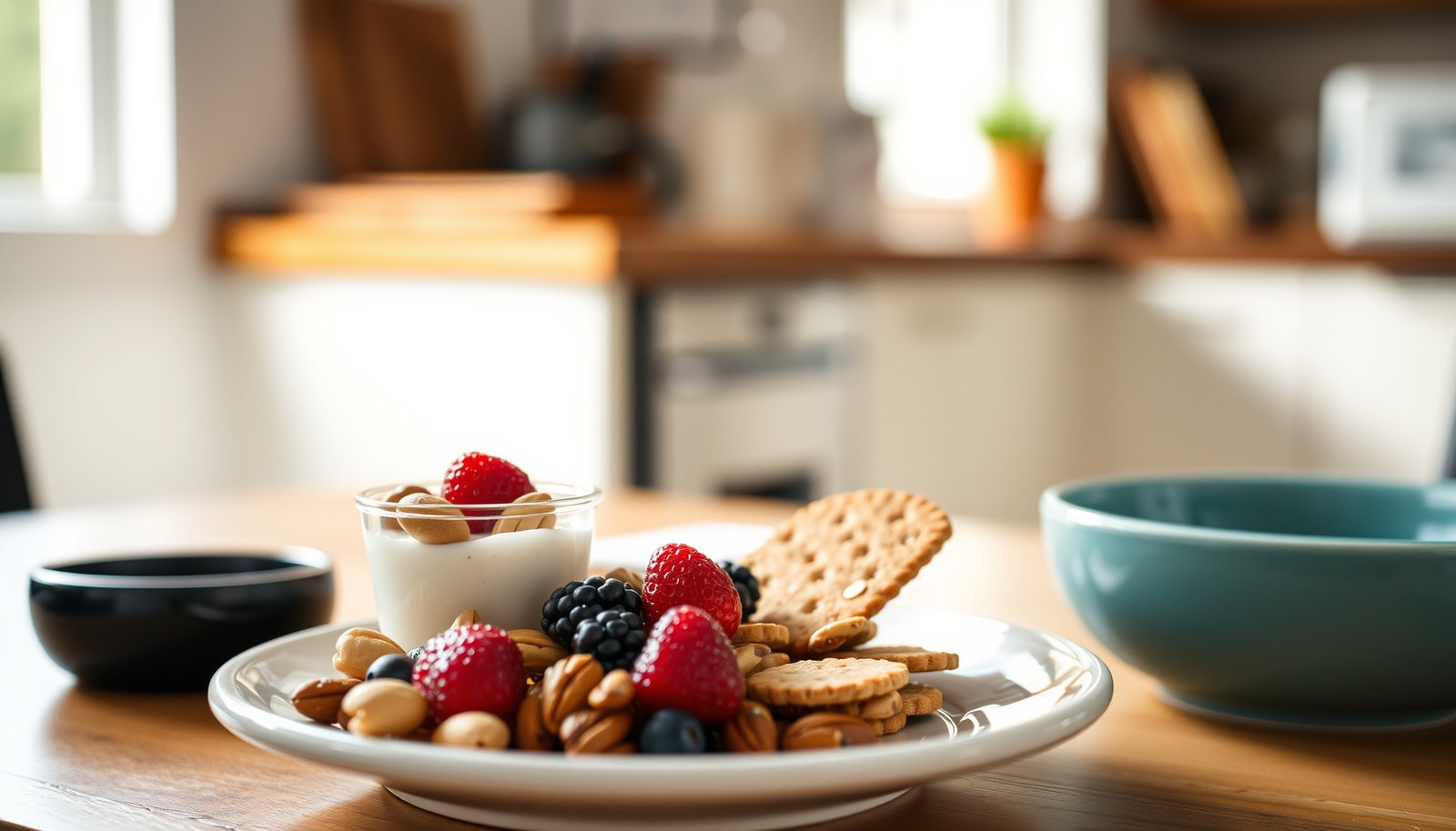 A selection of smart and tasty snacks suitable for diabetics, including nuts and fruits.