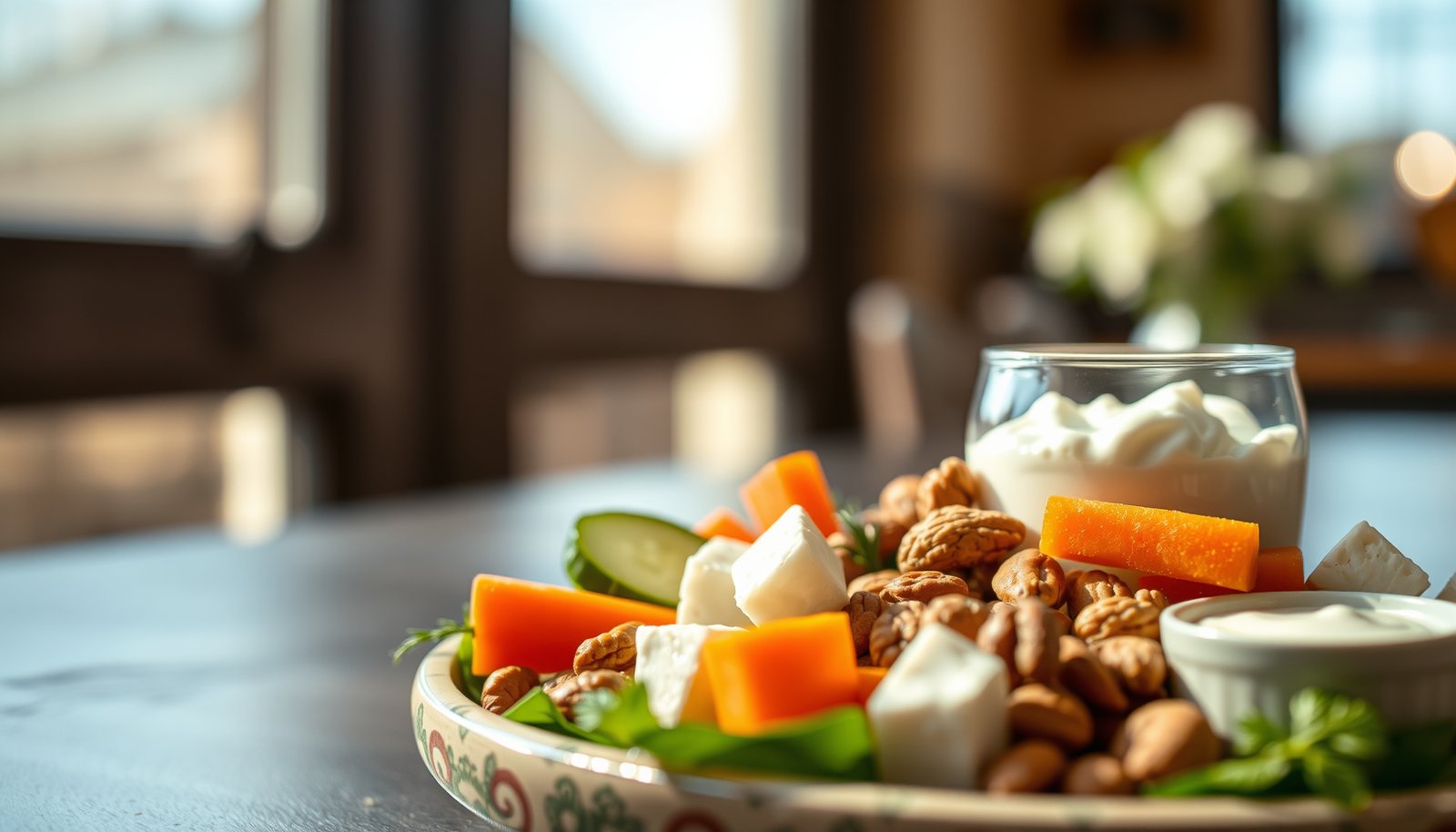 A variety of easy, blood-sugar-friendly snacks for diabetics displayed on a table.