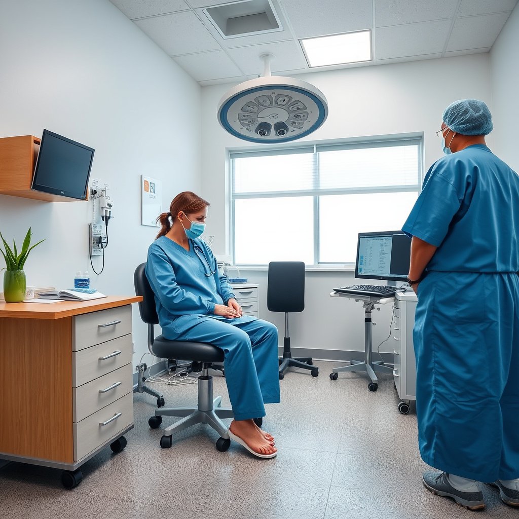 A person performing a daily foot check to prevent ulcers and infections in diabetic foot care.