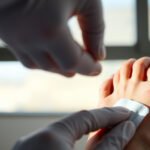 A diabetic patient examining their feet to prevent ulcers and infections with proper foot care techniques.