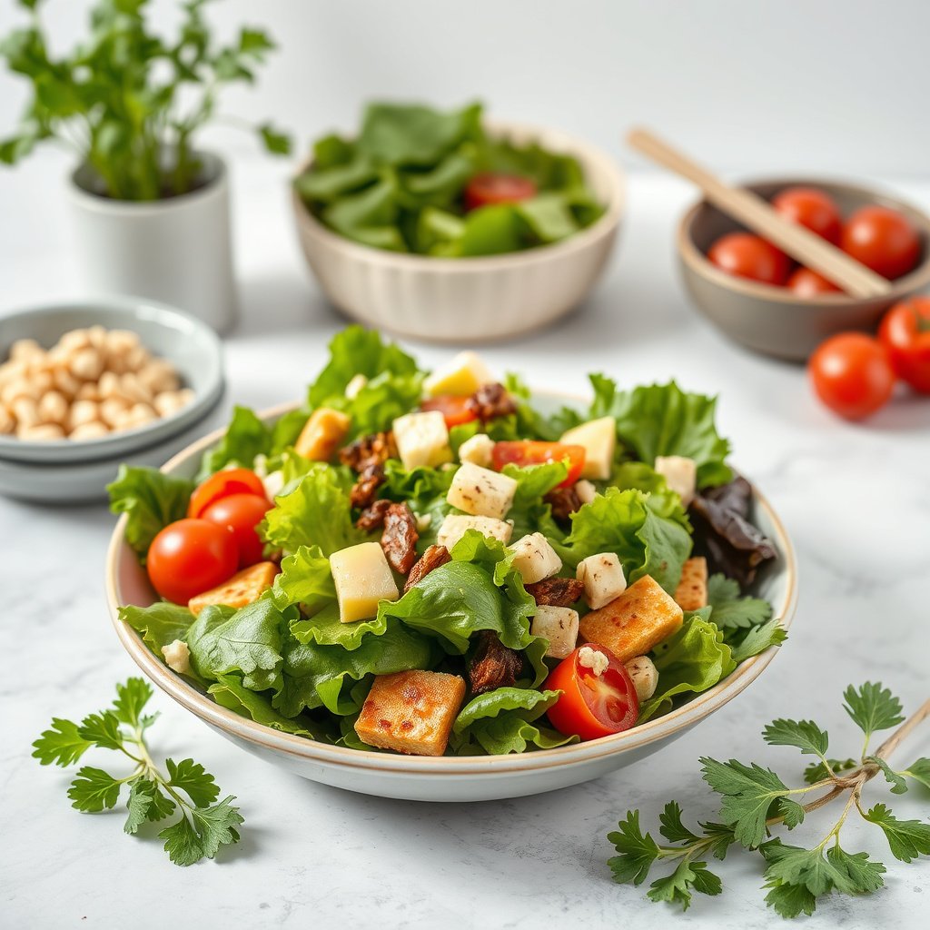 A colorful assortment of diabetic-friendly salad ingredients like greens, nuts, and low-carb vegetables.