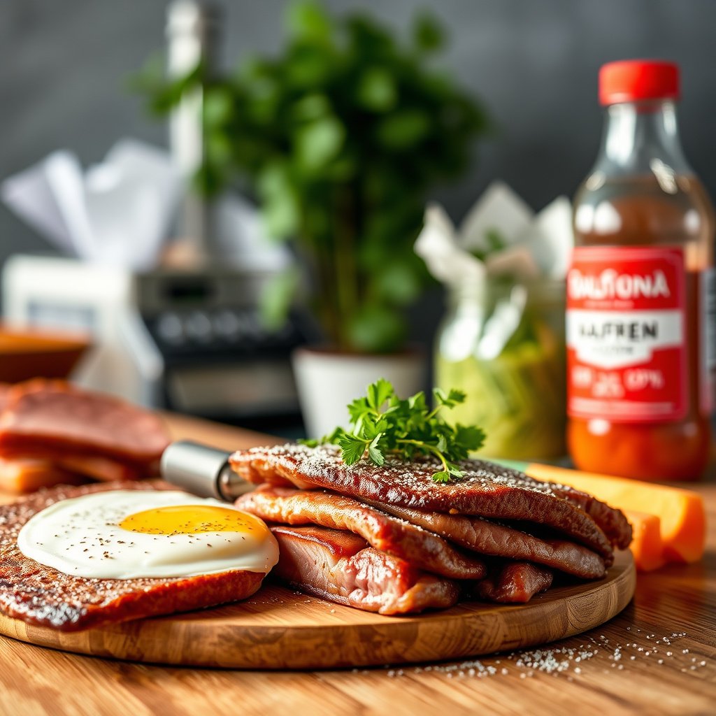 A selection of low-sugar breakfast meats suitable for diabetics, highlighting options without hidden carbs.